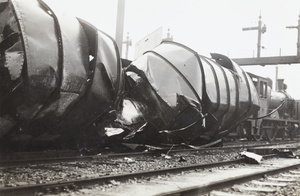 Wreckage of a northern warlord’s military train, seized by nationalist troops, Shanghai