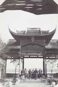 Six men on the steps of a pavilion, West Lake, Hangzhou