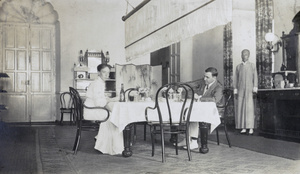 Mrs Wilzer and Hedgeland eating dinner, Commissioner's House, Lappa Island, near Macau