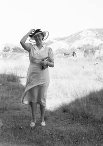 Lilian Thoresen modelling an outfit on a breezy day, Hong Kong