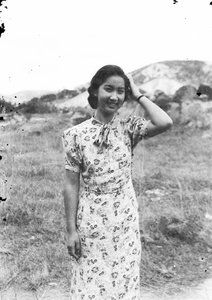 Bea Hutchinson modelling a flower print dress, Hong Kong