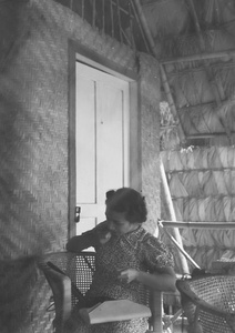 Lucy Shirazee at a beach hut, Hong Kong