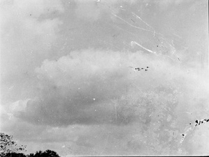 Six military aeroplanes in formation in the sky, Shanghai, August 1937