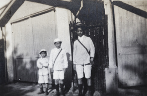 Fred, Dick and Harry Hutchinson at the entrance gate to 35 Tongshan Road, Hongkou, Shanghai