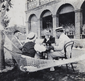 Playing bridge in the garden, 35 Tongshan Road, Hongkou, Shanghai