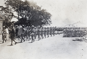 Military band leading regimental troops, Empire Day Parade, Shanghai, 1920