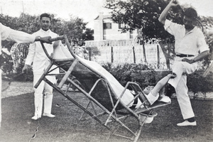 Bill Hutchinson and friends larking about in the garden, 35 Tongshan Road, Hongkou, Shanghai