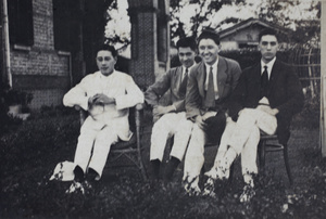 Bill Hutchinson with three men watching tennis, 35 Tongshan Road, Hongkou, Shanghai