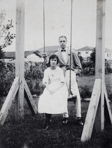 Lily Yoo and Jude Johnson, with the garden swing, 35 Tongshan Road, Hongkou, Shanghai