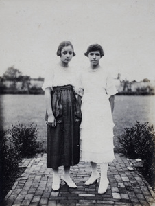 Two young women in the garden, 35 Tongshan Road, Hongkou, Shanghai