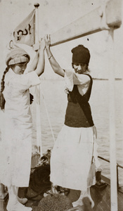 Gladys and Edie Gundry aboard the Aggie G, near Shanghai