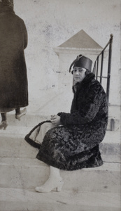 Two young women on the footbridge to a tide house, Wusong, February 1920