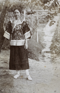 Sarah Hutchinson wearing a Chinese silk jacket, Moganshan