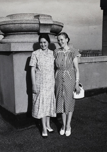 Sarah Hutchinson with Katusha, on the roof balcony of 6 Route Voyron (Yandang Lu), Shanghai, 1948