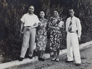 Sarah Hutchinson with unidentified woman and men, Hong Kong