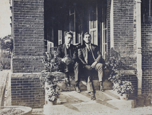 Bill and Charles Hutchinson sitting on the verandah steps, 35 Tongshan Road, Hongkou, Shanghai