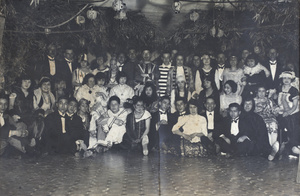 Tom, Charles and Bill Hutchinson with Emma Noble, John Henderson, Edie and Gladys Gundry, at a fancy dress party with friends, Shanghai 