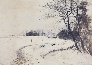 Snow covered fields, path, and creek near 35 Tongshan Road, Hongkou, Shanghai