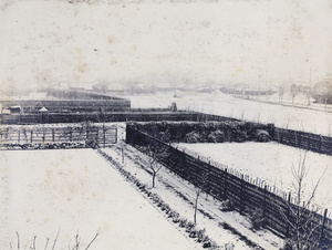 Snow covered lawn, garden and fields, photographed from 35 Tongshan Road, Hongkou, Shanghai