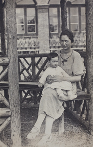 Bea and Sarah Hutchinson sitting in the garden summerhouse, 35 Tongshan Road, Hongkou, Shanghai