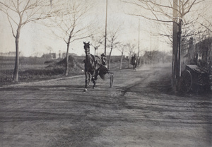 A horse and single-seat carriage followed by a horse and rider, Tongshan Road, Hongkou, Shanghai