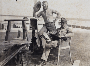 American Marines with signal equipment and semaphore flags on a rooftop lookout, Shanghai