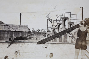 Harry Hutchinson diving from a slide into the Open Air Pool, Hongkou, Shanghai, 1924