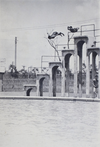 Harry Hutchinson diving from a high platform into the Open Air Pool, Hongkou, Shanghai, 1924