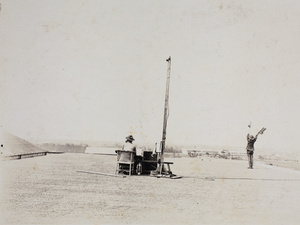 American Marines with signal equipment and semaphore flags on a rooftop lookout, Shanghai