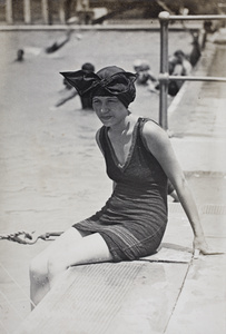 Unidentified woman wearing a bathing costume and cap at the Open Air Pool, Hongkou, Shanghai, 1924