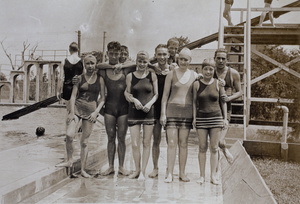 Harry, Fred, Mabel and Sarah Hutchinson with friends at the Open Air Pool, Hongkou, Shanghai