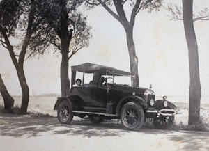 Bea, Sarah and Gladys Hutchinson in the back seat of John Piry's Morris-Cowley motorcar, Shanghai