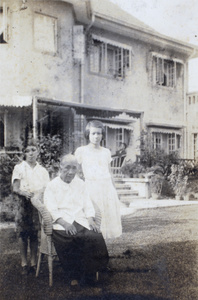 Maria Catherina Xavier Senna with Maria Myrtle Hanabelle Kabelitz and Anthony Thomas Otto Kabelitz in the front garden, 31 Lucerne Road, Shanghai