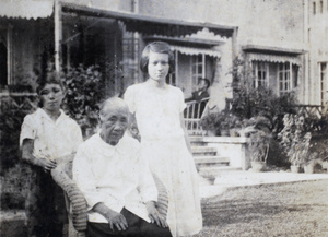 Maria Catherina Xavier Senna with Maria Myrtle Hanabelle Kabelitz and Anthony Thomas Otto Kabelitz in the front garden, 31 Lucerne Road, Shanghai