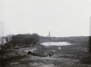 Bridge, lake and pagoda, near Kiukiang