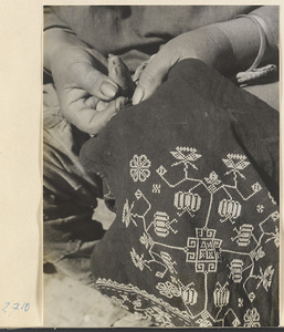 Woman embroidering a cotton apron in Lo-pu-ch'iao Village [sic] in the Jumahe Valley