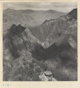 View of the mountains from Sheng mi zhi tang Monastery with a small pavilion in the foreground