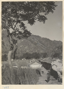 Rooftops and person walking down a street in Ts'a-ho Village [sic] in the Lost Tribe country