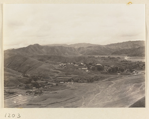 General view of the temple complex at Xu mi fu shou miao, the Re River, and surrounding mountains