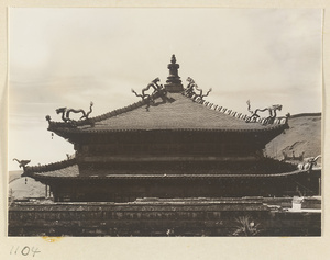 Detail showing double-eaved roof of Miao gao zhuang yan dian with dragons, sea elephants, and bells