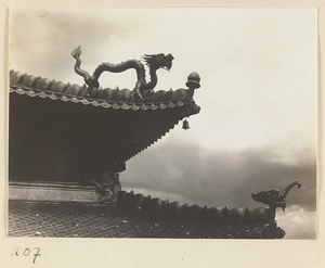 Detail showing double-eaved roof of Miao gao zhuang yan dian with a dragon and a bell