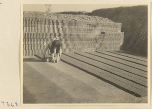 Man putting bricks out to dry in the sun at a brick factory near Baoding