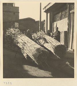 People with bundles of bamboo outside a shop in Baoding