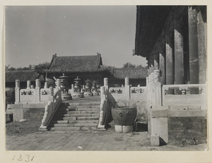 Terrace in front of Tai he dian with tripod incense burners, crane-shaped incense burner, and water vat
