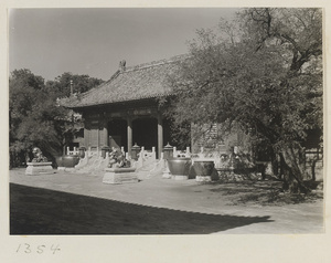 Gate with bronze lions, water vats, and lanterns in the Forbidden City