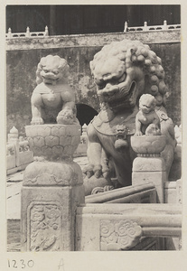 Marble lion and balustrade with lion finials south of Tian an men