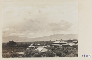 Forbidden City rooftops with Xiang Hills in background