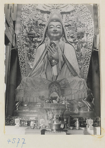 Interior of Fa lun dian showing altar with a statue of Tsongkhapa, founder of the Buddhist Yellow Sect