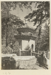 Octagonal temple building with double-eaved conical and ocatagonal roof at Bi yun si