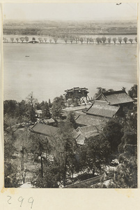 View from Wanshou Hill showing temple buildings, pai lou, Kunming Lake, and West Dike